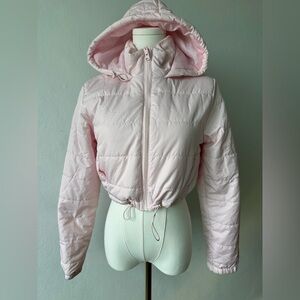 Women's Cropped Puffer Pink Hooded Jacket Barbie